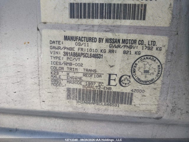 12713348 :رقم المزاد ، 3N1AB6AP5CL646531 vin ، 2012 Nissan Sentra 2.0 S مزاد بيع