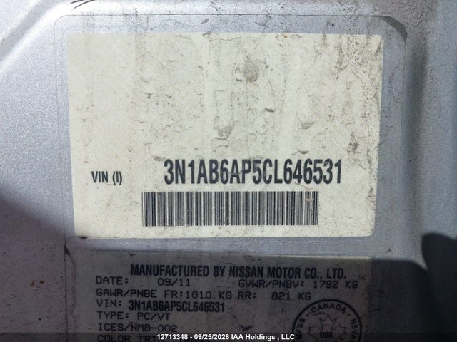 12713348 :رقم المزاد ، 3N1AB6AP5CL646531 vin ، 2012 Nissan Sentra 2.0 S مزاد بيع