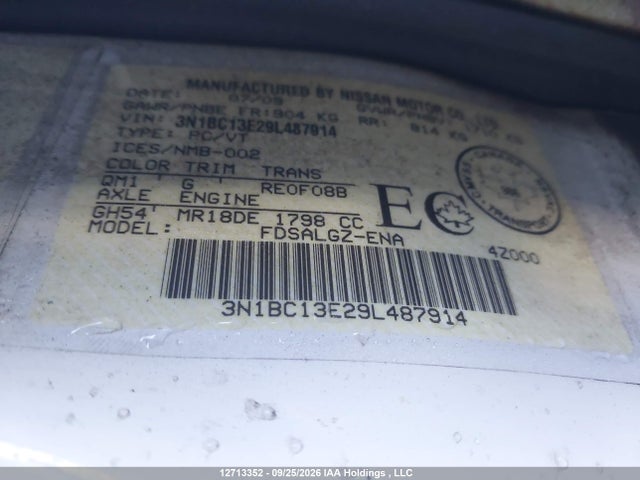 2009 Nissan Versa 1.8sl მანქანა იყიდება აუქციონზე, vin: 3N1BC13E29L487914, აუქციონის ნომერი: 12713352