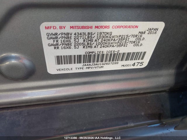 12713356 :رقم المزاد ، JA4AJ3AU1GZ607299 vin ، 2016 Mitsubishi Rvr Se مزاد بيع