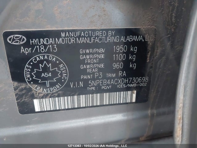 Aukcja sprzedaży 2013 Hyundai Sonata Gls, vin: 5NPEB4ACXDH730698, numer aukcji: 12713363