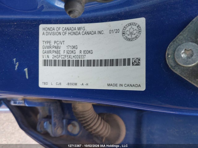 12713367 :رقم المزاد ، 2HGFC2F5XLH009337 vin ، 2020 Honda Civic Lx مزاد بيع