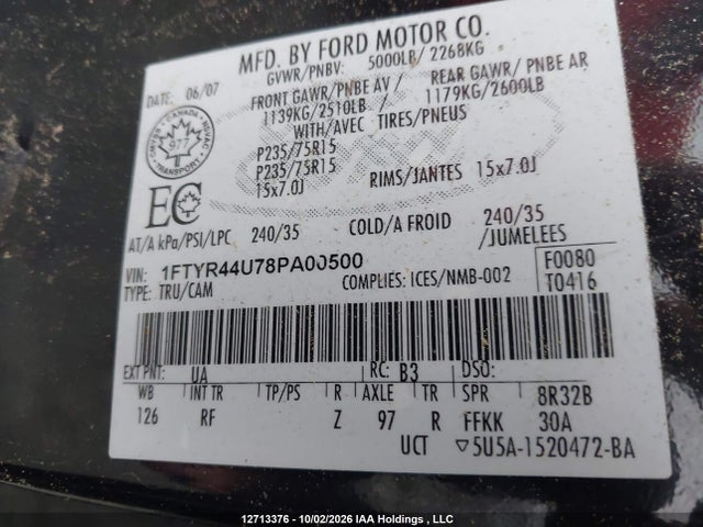 12713376 :رقم المزاد ، 1FTYR44U78PA00500 vin ، 2008 Ford Ranger Super Cab مزاد بيع