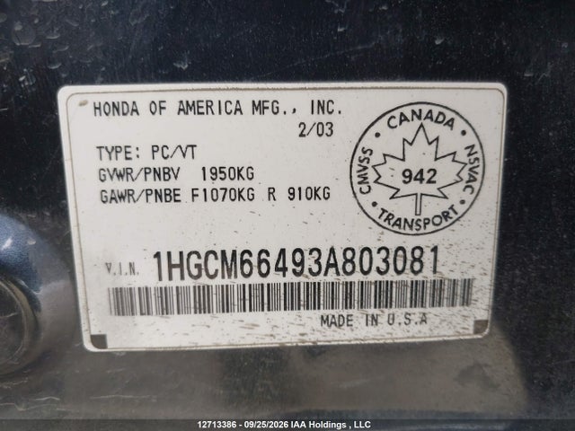 Aukcja sprzedaży 2003 Honda Accord Ex-v6, vin: 1HGCM66493A803081, numer aukcji: 12713386