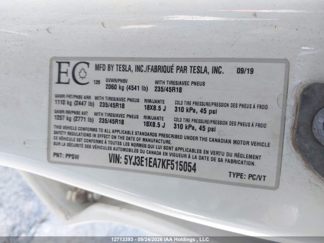 2019 Tesla Model 3 Long Range/mid Range/standard Range/standard Range Plus მანქანა იყიდება აუქციონზე, vin: 5YJ3E1EA7KF515054, აუქციონის ნომერი: 12713393