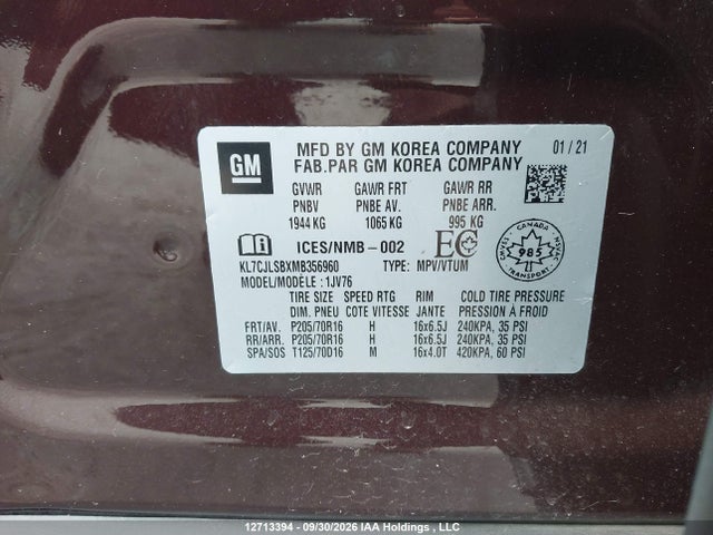12713394 :رقم المزاد ، KL7CJLSBXMB356960 vin ، 2021 Chevrolet Trax Lt مزاد بيع
