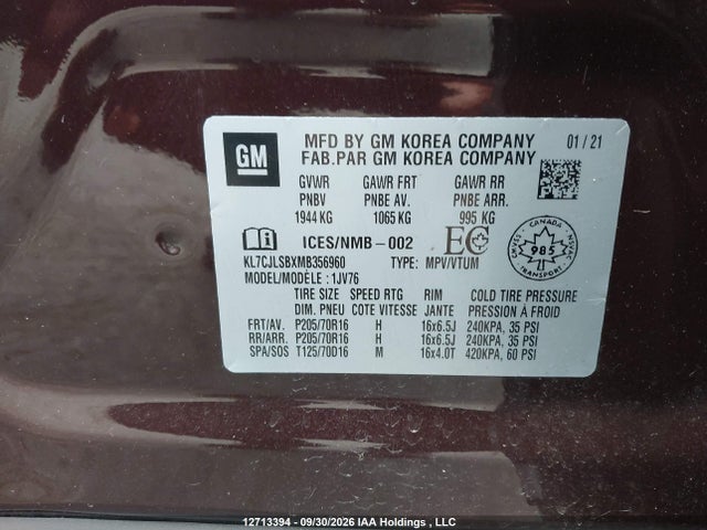 12713394 :رقم المزاد ، KL7CJLSBXMB356960 vin ، 2021 Chevrolet Trax Lt مزاد بيع