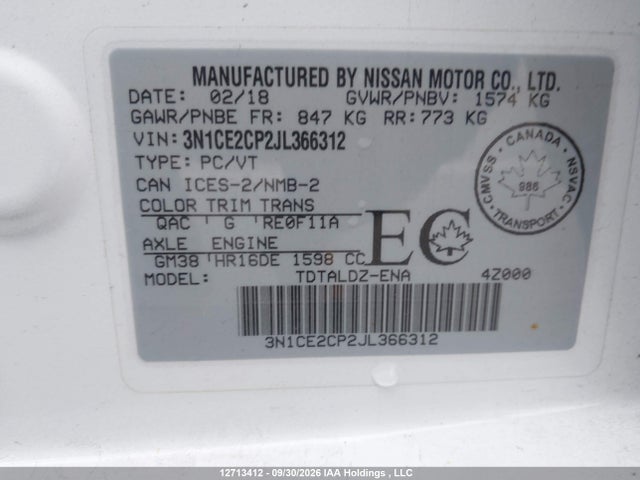 Aukcja sprzedaży 2018 Nissan Versa Note 1.6 S/1.6 Sr/1.6 Sv, vin: 3N1CE2CP2JL366312, numer aukcji: 12713412