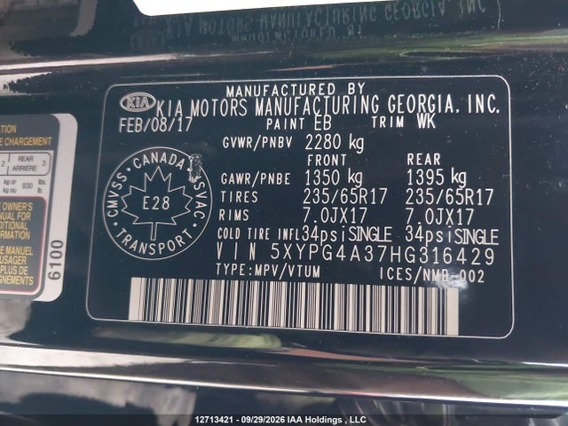 2017 Kia Sorento Lx/l მანქანა იყიდება აუქციონზე, vin: 5XYPG4A37HG316429, აუქციონის ნომერი: 12713421