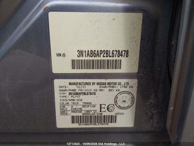 12713423 :رقم المزاد ، 3N1AB6AP2BL678478 vin ، 2011 Nissan Sentra 2.0 مزاد بيع