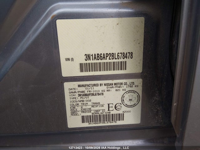 12713423 :رقم المزاد ، 3N1AB6AP2BL678478 vin ، 2011 Nissan Sentra 2.0 مزاد بيع