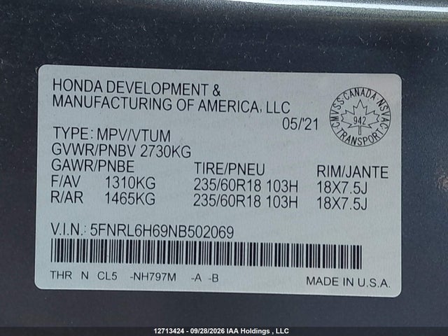 Aukcja sprzedaży 2022 Honda Odyssey Exl, vin: 5FNRL6H69NB502069, numer aukcji: 12713424