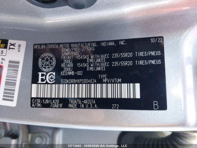 Продаж на аукціоні авто 2023 Toyota Highlander, vin: 5TDKDRBHXPS004634, номер лоту: 12713443