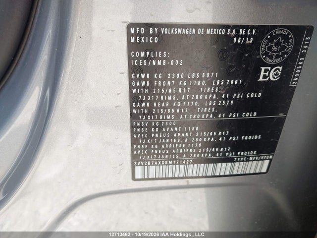 Aukcja sprzedaży 2019 Volkswagen Tiguan Comfortline, vin: 3VV2B7AXXKM171427, numer aukcji: 12713462