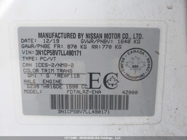 Aukcja sprzedaży 2020 Nissan Kicks S, vin: 3N1CP5BV7LL490171, numer aukcji: 12713490