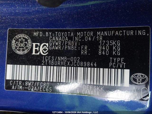12713494 :رقم المزاد ، 2T1BURHEXJC089844 vin ، 2018 Toyota Corolla Se مزاد بيع