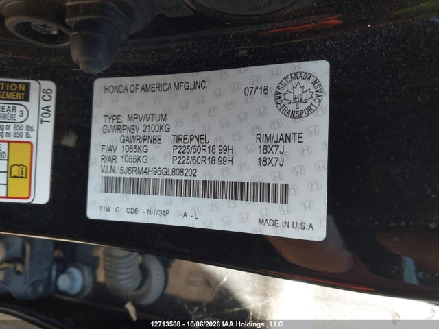 Aukcja sprzedaży 2016 Honda Cr-v Touring, vin: 5J6RM4H96GL808202, numer aukcji: 12713508