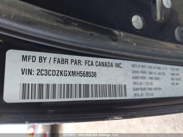 Продаж на аукціоні авто 2021 Dodge Challenger, vin: 2C3CDZKGXMH568536, номер лоту: 12713517