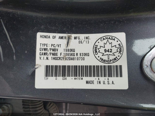 12713524 :رقم المزاد ، 1HGCR2F82DA810730 vin ، 2013 Honda Accord Ex-l مزاد بيع