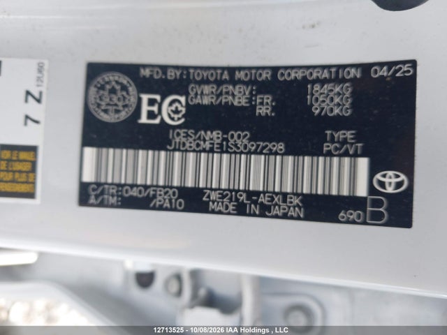 2025 Toyota Corolla Hybrid Le მანქანა იყიდება აუქციონზე, vin: JTDBCMFE1S3097298, აუქციონის ნომერი: 12713525