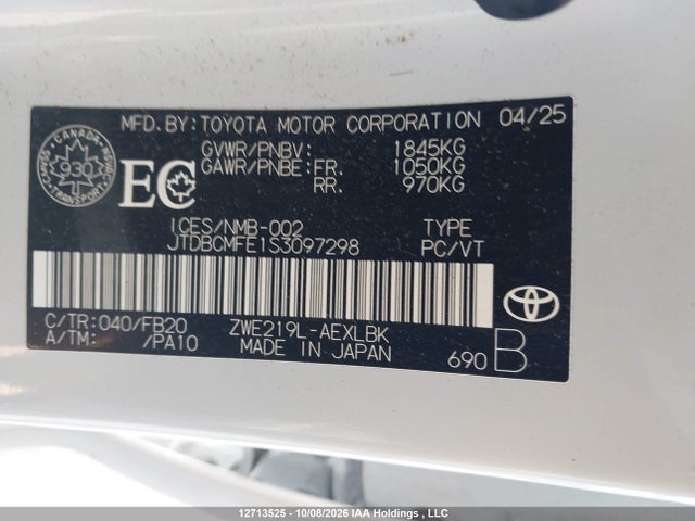 2025 Toyota Corolla Hybrid Le მანქანა იყიდება აუქციონზე, vin: JTDBCMFE1S3097298, აუქციონის ნომერი: 12713525