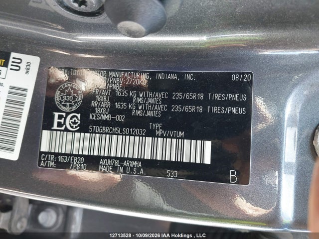 Продажа на аукционе авто 2020 Toyota Highlander, vin: 5TDGBRCH5LS012032, номер лота: 12713528