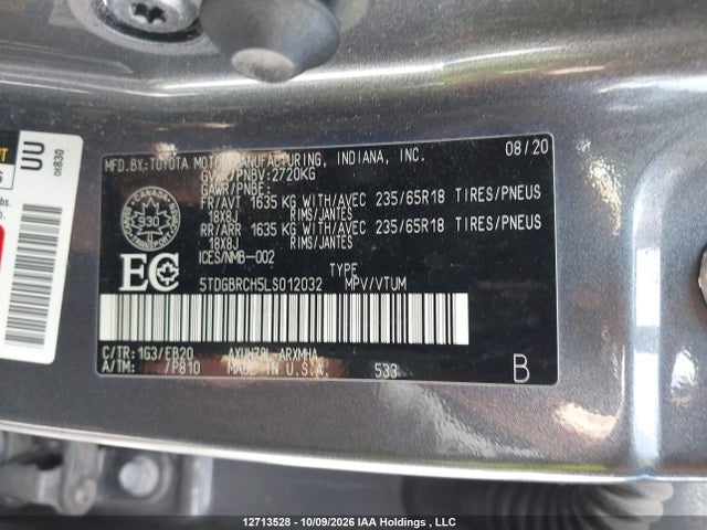 Продажа на аукционе авто 2020 Toyota Highlander, vin: 5TDGBRCH5LS012032, номер лота: 12713528