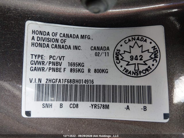 12713532 :رقم المزاد ، 2HGFA1F68BH014916 vin ، 2011 Honda Civic Lx-s مزاد بيع