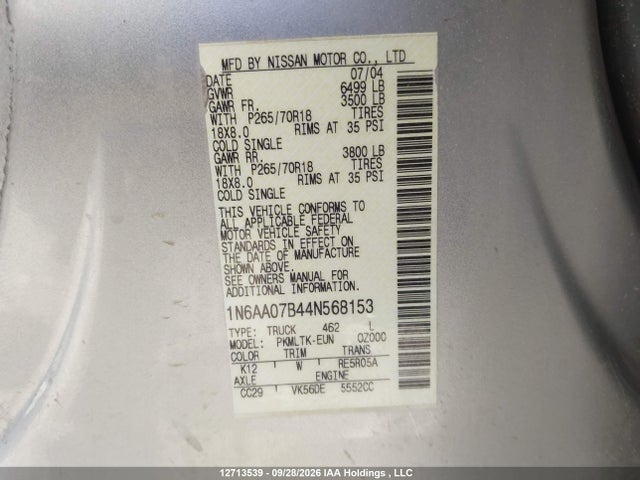 12713539 :رقم المزاد ، 1N6AA07B44N568153 vin ، 2004 Nissan Titan Se مزاد بيع