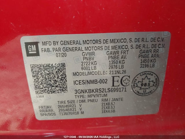 Aukcja sprzedaży 2020 Chevrolet Blazer Rs, vin: 3GNKBKRS2LS699171, numer aukcji: 12713546