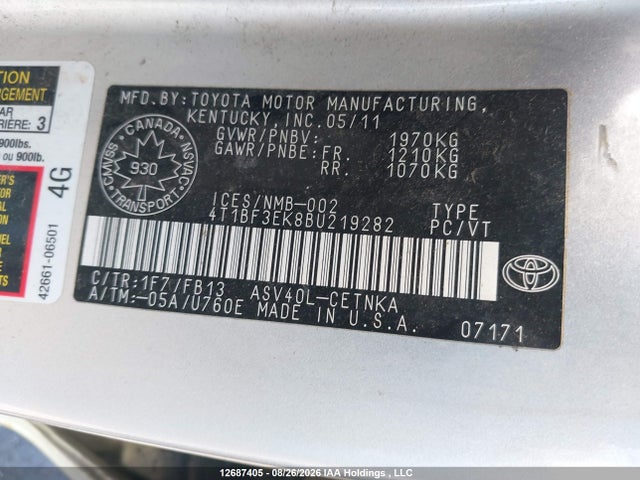 12687405 :رقم المزاد ، 4T1BF3EK8BU219282 vin ، 2011 Toyota Camry Le مزاد بيع