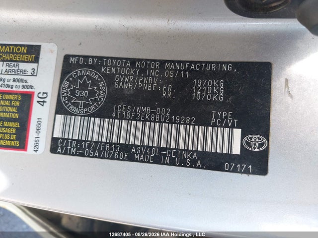 12687405 :رقم المزاد ، 4T1BF3EK8BU219282 vin ، 2011 Toyota Camry Le مزاد بيع