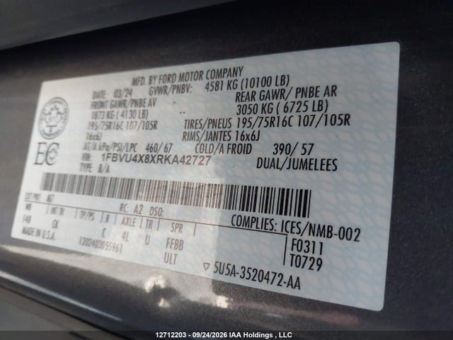 Продажа на аукционе авто 2024 Ford Transit-350 Passenger Xlt, vin: 1FBVU4X8XRKA42727, номер лота: 12712203