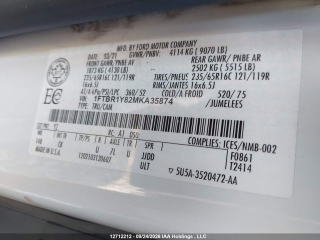 Aukcja sprzedaży 2021 Ford Transit-250 Cargo, vin: 1FTBR1Y82MKA35874, numer aukcji: 12712212
