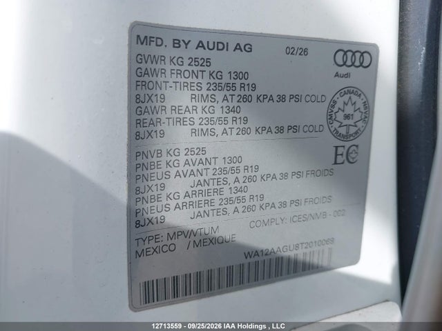 2026 Audi Q5 მანქანა იყიდება აუქციონზე, vin: WA12AAGU8T2010069, აუქციონის ნომერი: 12713559