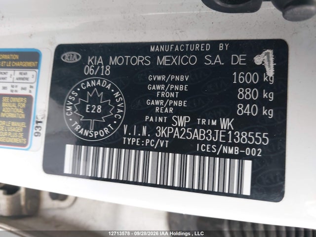 2018 Kia Rio Lx/lx+ მანქანა იყიდება აუქციონზე, vin: 3KPA25AB3JE138555, აუქციონის ნომერი: 12713578