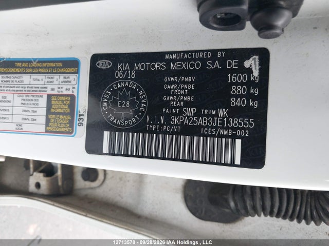 2018 Kia Rio Lx/lx+ მანქანა იყიდება აუქციონზე, vin: 3KPA25AB3JE138555, აუქციონის ნომერი: 12713578
