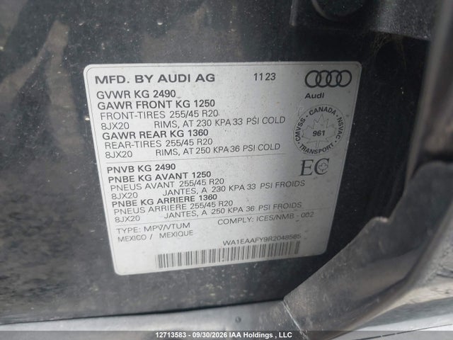 12713583 :رقم المزاد ، WA1EAAFY9R2048565 vin ، 2024 Audi Q5 Progressiv مزاد بيع