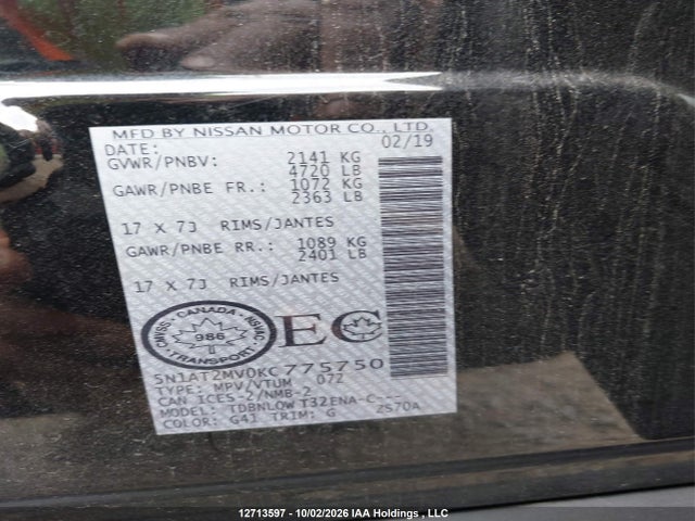 12713597 :رقم المزاد ، 5N1AT2MV0KC775750 vin ، 2019 Nissan Rogue مزاد بيع