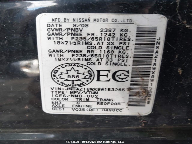 Aukcja sprzedaży 2009 Nissan Murano Sl, vin: JN8AZ18WX9W153265, numer aukcji: 12713620