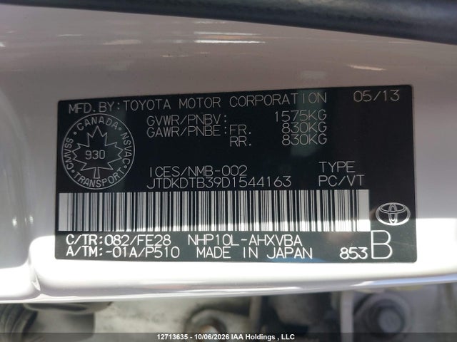 2013 Toyota Prius C Technology მანქანა იყიდება აუქციონზე, vin: JTDKDTB39D1544163, აუქციონის ნომერი: 12713635