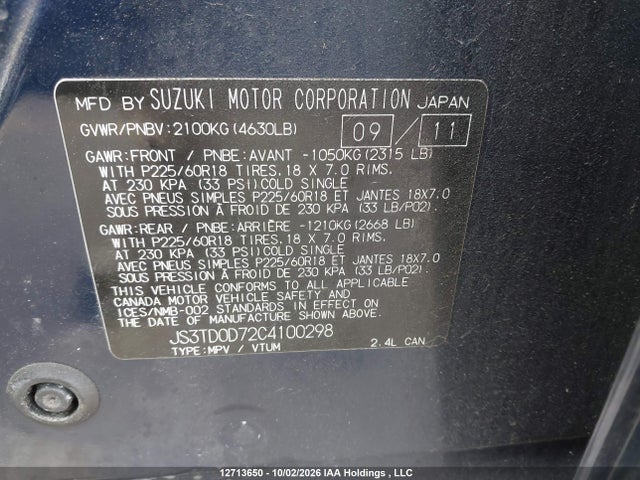 2012 Suzuki Grand Vitara Jlx მანქანა იყიდება აუქციონზე, vin: JS3TD0D72C4100298, აუქციონის ნომერი: 12713650