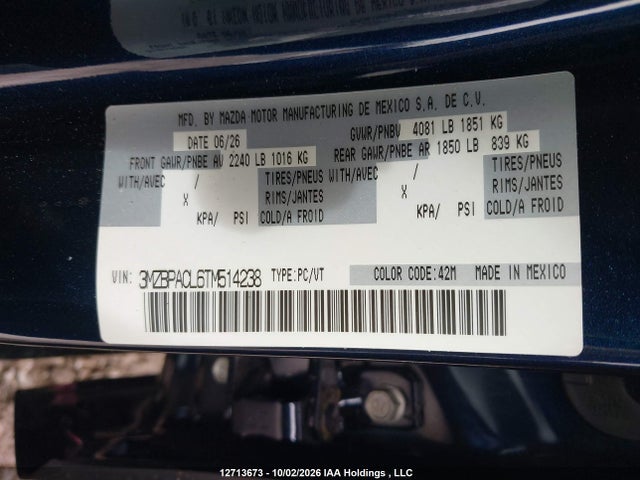Aukcja sprzedaży 2026 Mazda 3 Preferred/carbon Edition, vin: 3MZBPACL6TM514238, numer aukcji: 12713673