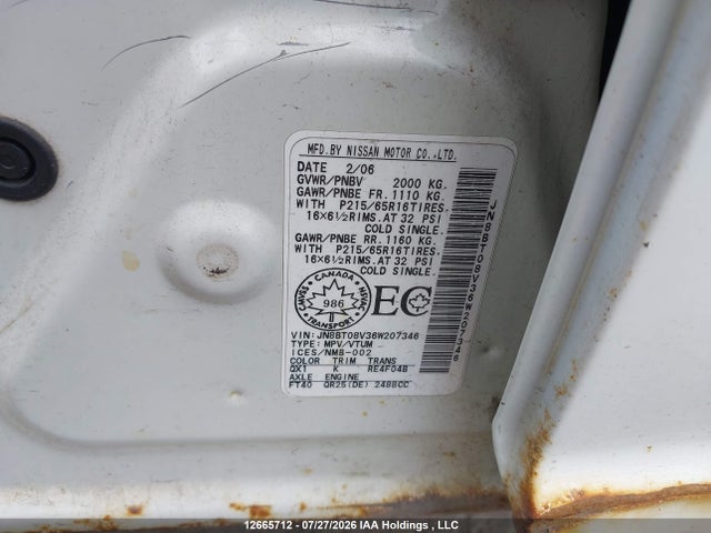 Aukcja sprzedaży 2006 Nissan X-trail Bonavista Edition/le/se/xe, vin: JN8BT08V36W207346, numer aukcji: 12665712