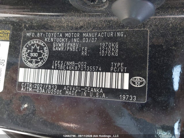 12692796 :رقم المزاد ، 4T1BE46K87U135574 vin ، 2007 Toyota Camry Le/se مزاد بيع