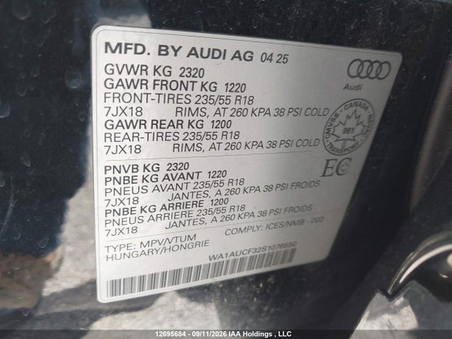 12695684 :رقم المزاد ، WA1AUCF32S1076550 vin ، 2025 Audi Q3 40 مزاد بيع