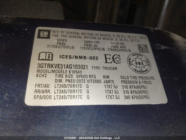 12702887 :رقم المزاد ، 3GTRKVE31AG183021 vin ، 2010 Gmc Sierra 1500 Sle مزاد بيع