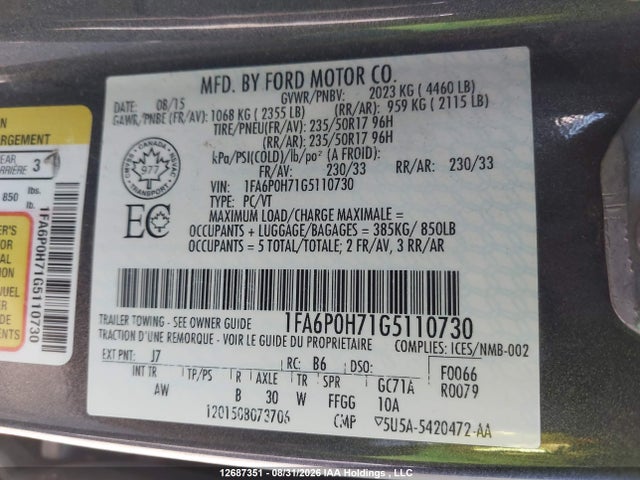 Ford FUSION SE 2016 1FA6P0H71G5110730 Image 9