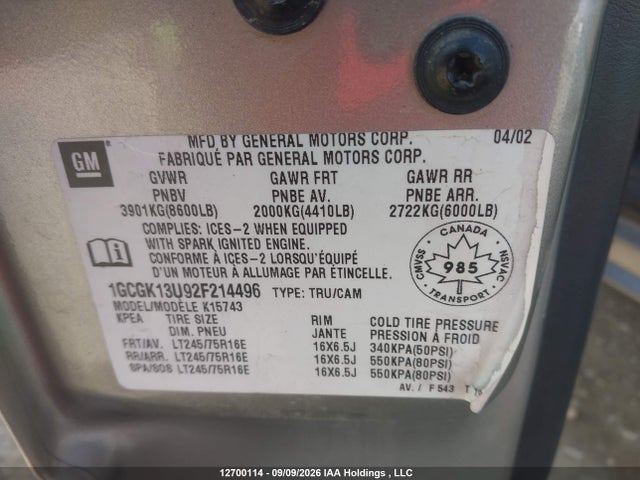12700114 :رقم المزاد ، 1GCGK13U92F214496 vin ، 2002 Chevrolet Silverado 1500hd Ls/lt مزاد بيع