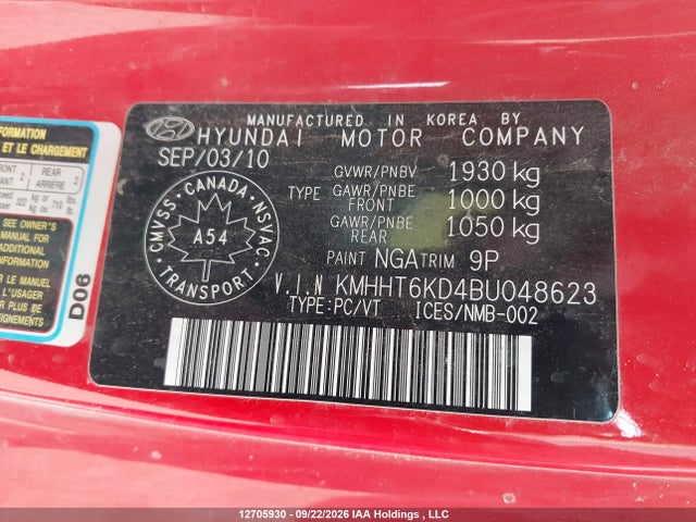 2011 Hyundai Genesis 2.0t მანქანა იყიდება აუქციონზე, vin: KMHHT6KD4BU048623, აუქციონის ნომერი: 12705930